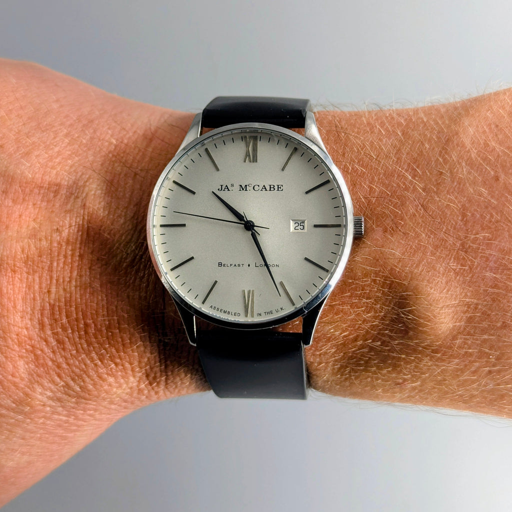 James McCabe London Slim JM-1016 Men's Watch — Silver, White Dial, Hirsch Rubber Strap - Bezel & Hide