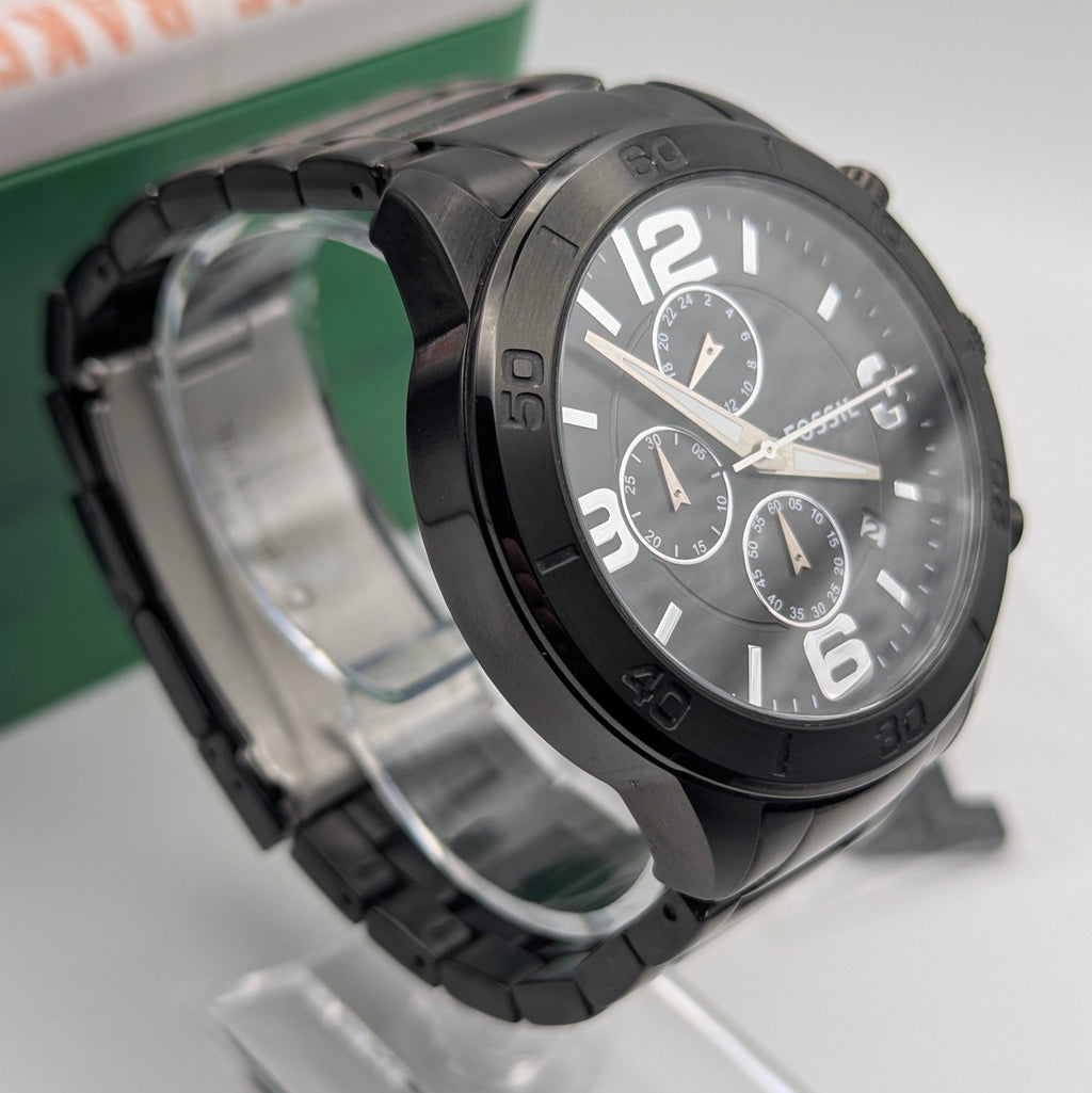 Fossil BQ2184 Quartz Chronograph — Black Dial, Gunmetal-Tone Bracelet, Tin & Spare Links - Bezel & Hide
