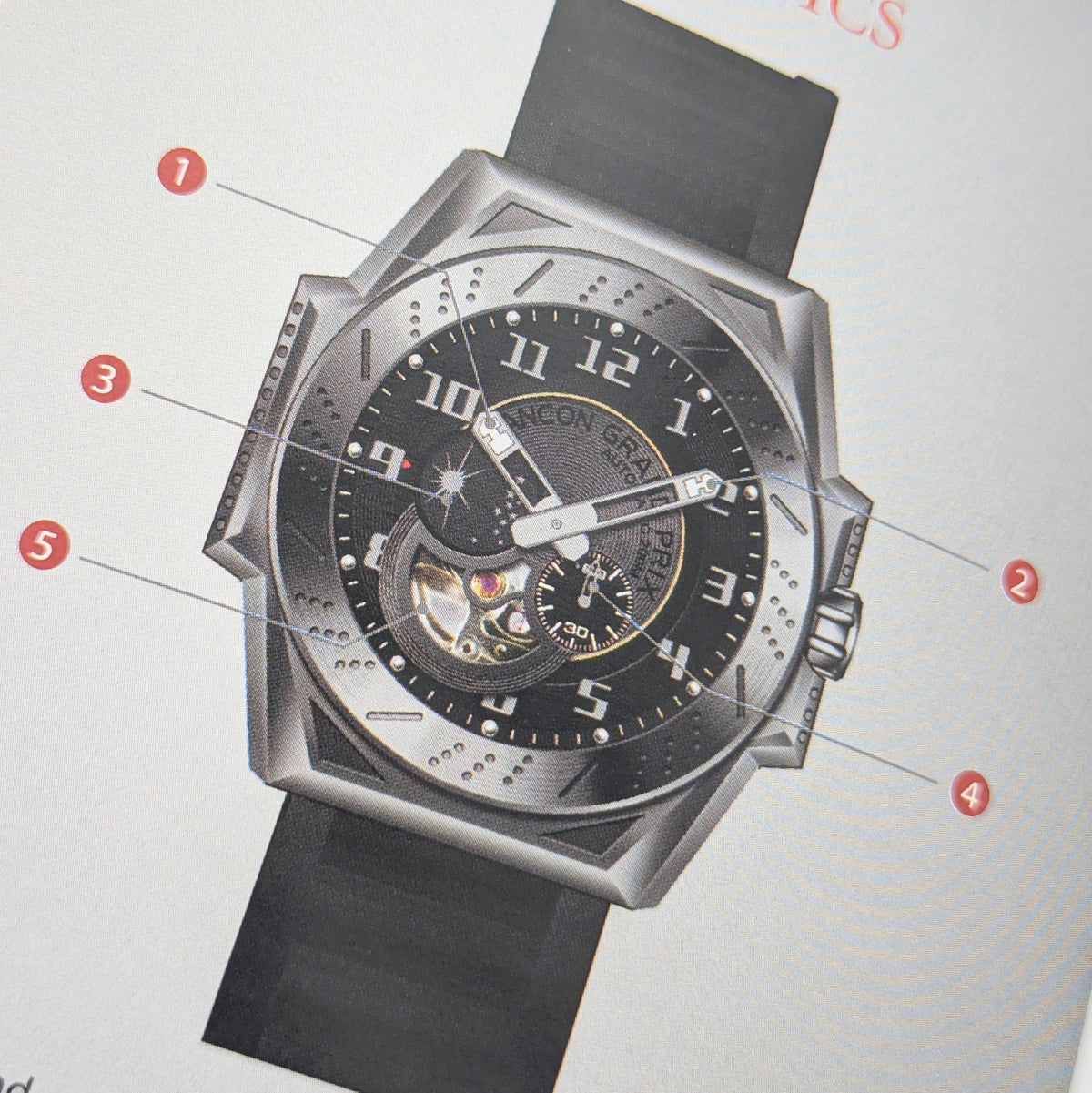 Ancon Grand Prix GP104-0045 Automatic Men's Watch — Gunmetal Black, 47mm, 200m - Bezel & Hide
