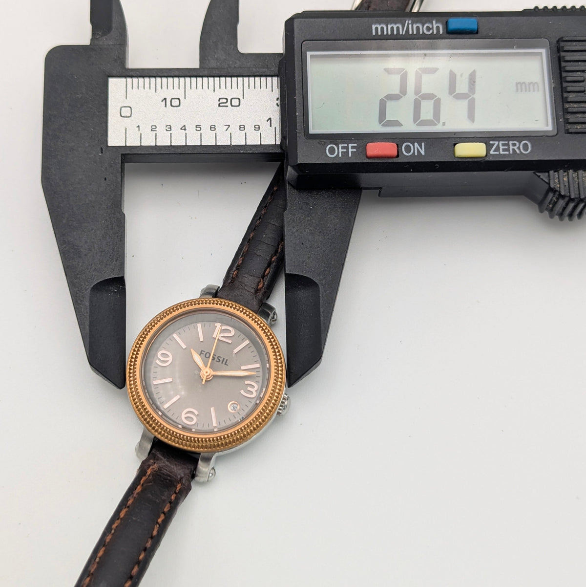 Fossil ES3138 Virginia Ladies' Watch — Rose Gold-Tone Bezel, Grey Dial, Brown Leather Strap - Bezel & Hide