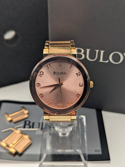 Bulova 97L127 Women's Pink Sunburst Dial Watch, Gold-Tone Bracelet, Boxed - Bezel & Hide