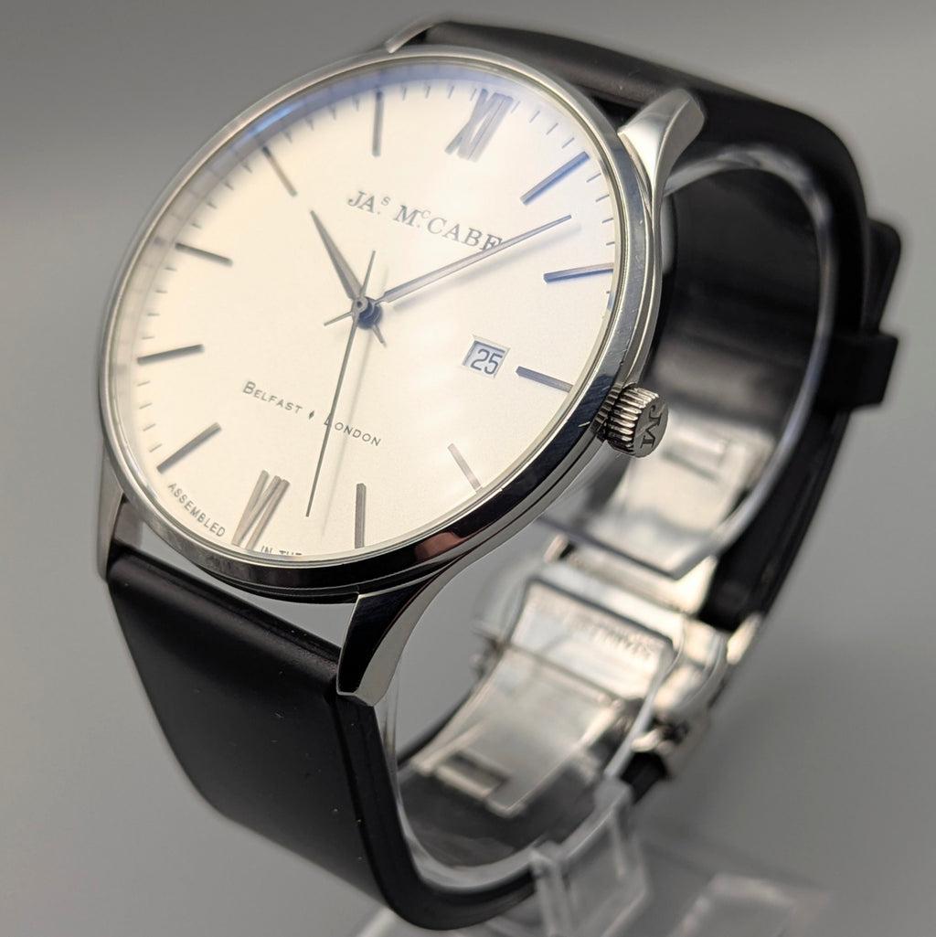 James McCabe London Slim JM-1016 Men's Watch — Silver, White Dial, Hirsch Rubber Strap - Bezel & Hide