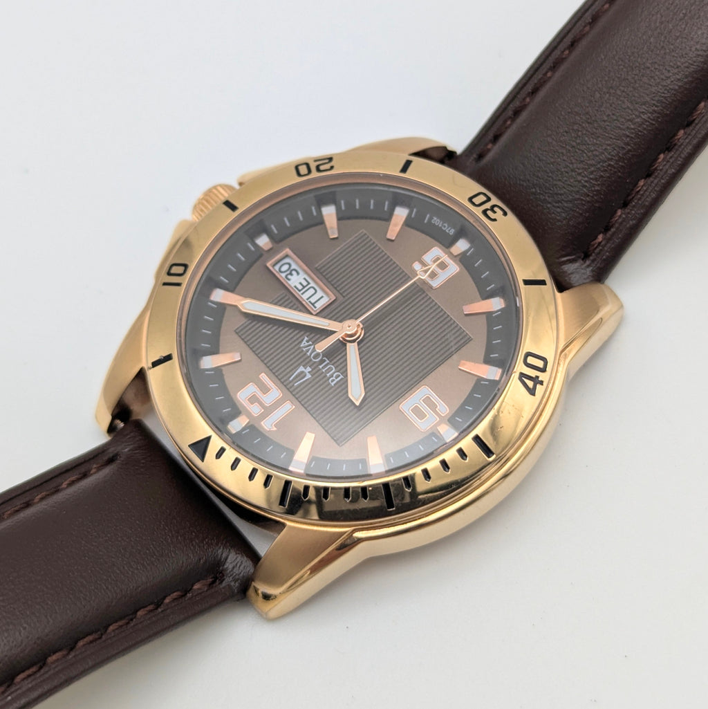 Bulova Sport Quartz Men's Watch — Rose Gold-Tone, Charcoal Dial, Day-Date, Lume - Bezel & Hide