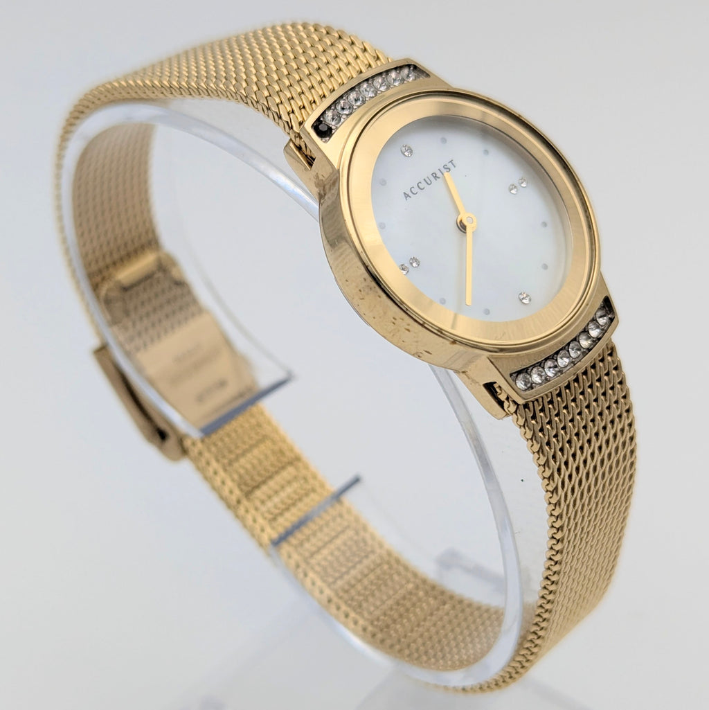 Accurist Ladies Gold-Tone Mesh Watch — Mother-of-Pearl Dial, Crystal-Set Lugs, Sold Naked - Bezel & Hide