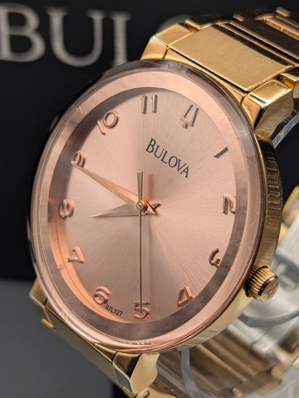Bulova 97L127 Women's Pink Sunburst Dial Watch, Gold-Tone Bracelet, Boxed - Bezel & Hide