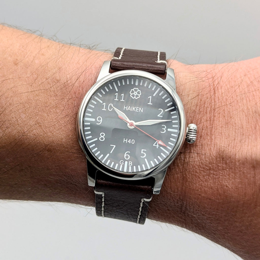 Haiken H40 Automatic Men's Watch — Anthracite Dial, G.B., Altitude-Tested, Brown Leather - Bezel & Hide