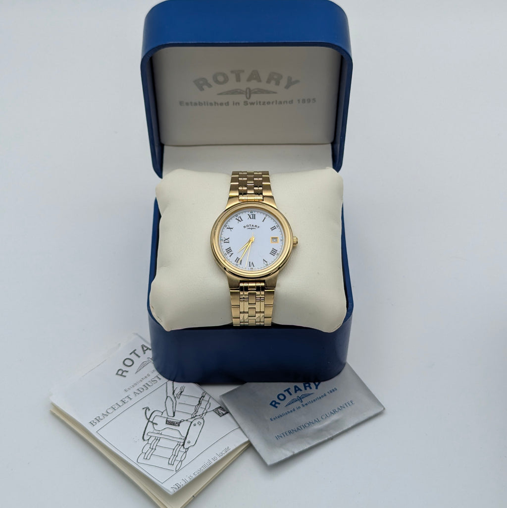 Rotary Gold-Plated Classic Quartz Watch — White Roman Dial, Full Set - Bezel & Hide
