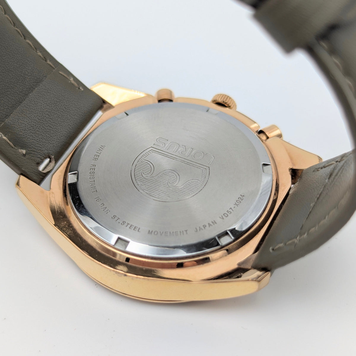 Lorus VD57-X024 Chronograph Men's Watch — Rose Gold-Tone, Black Dial - Bezel & Hide