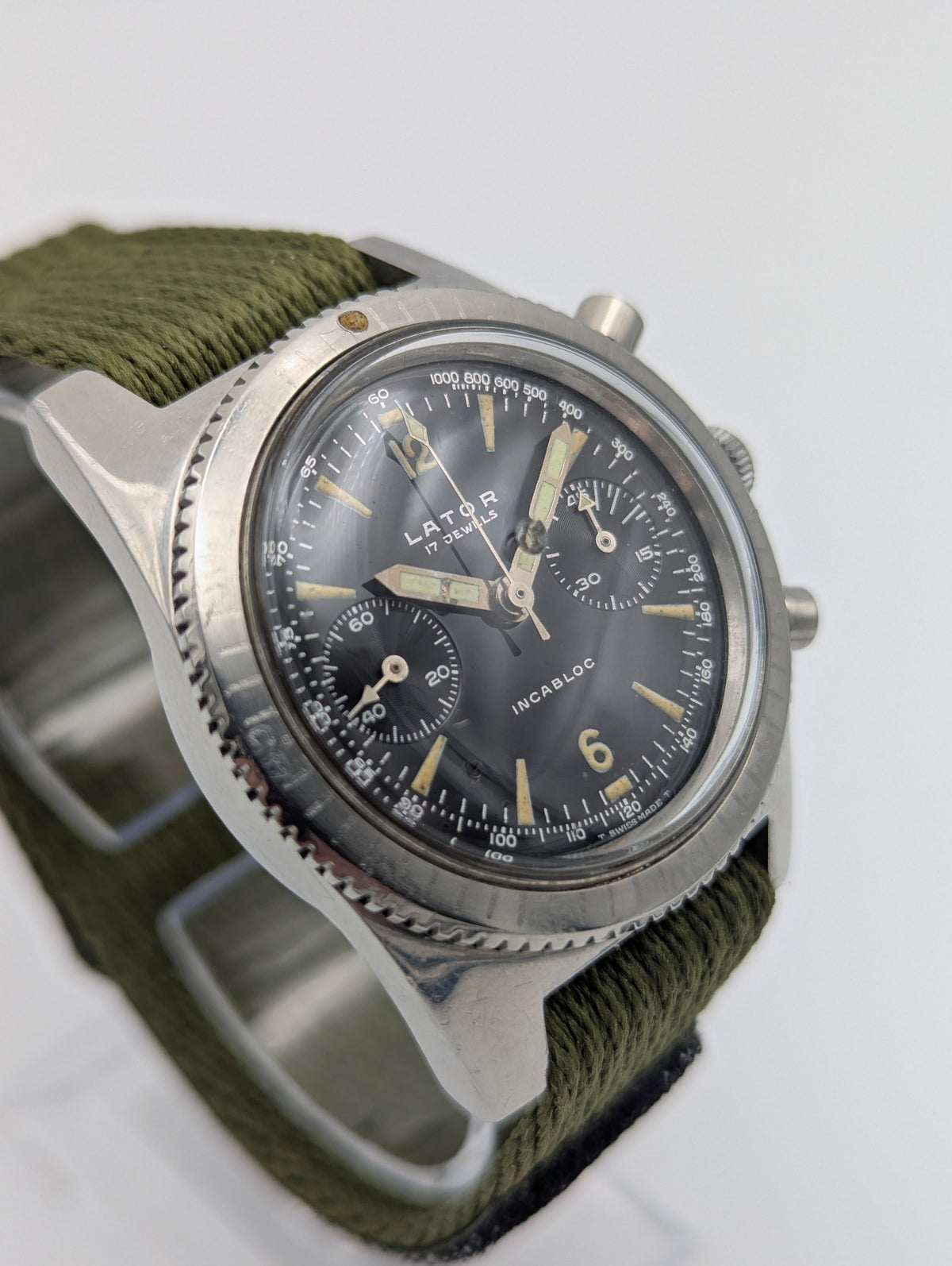 Lator Landeron Manual-Wind Chronograph | Black Dial & Olive Green Strap