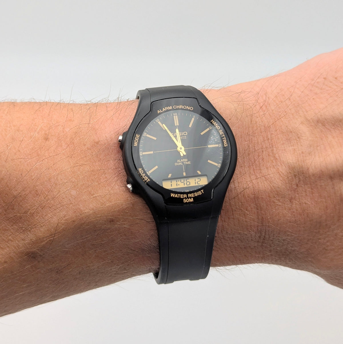 Casio AMW-90H Ana-Digi Watch — Black Resin, Gold Dial, Dual Time, Alarm, Sold Naked - Bezel & Hide