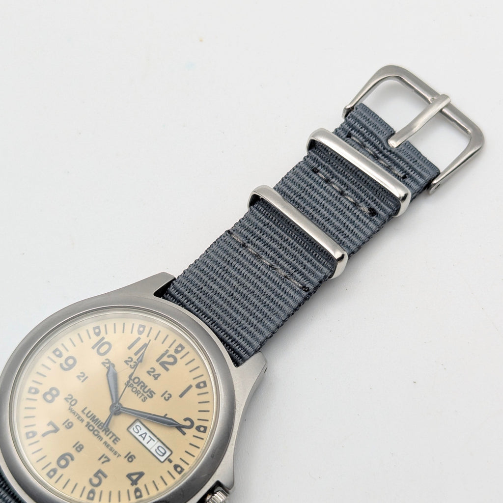 Lorus Sports Military Field Quartz Watch — Cream Lumibrite Dial, Day-Date, 100m WR, NATO Strap, Sold Naked - Bezel & Hide