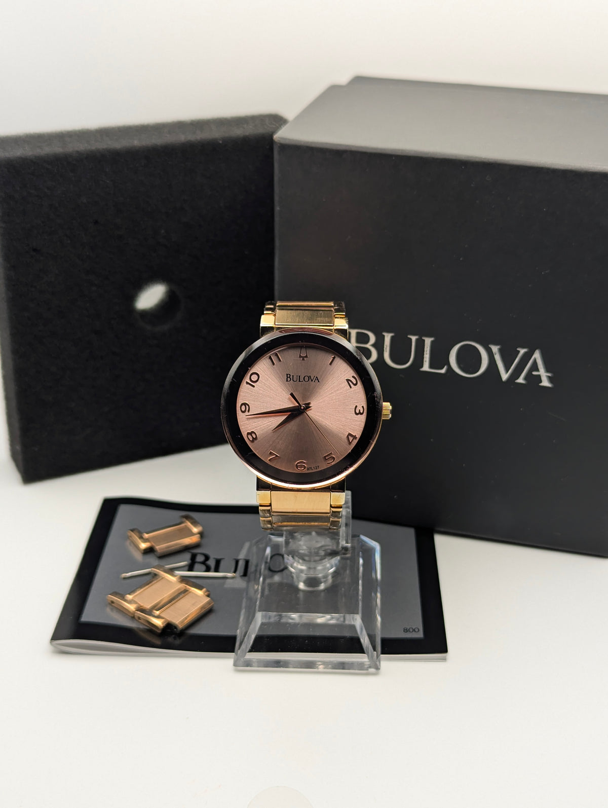 Bulova 97L127 Women's Pink Sunburst Dial Watch, Gold-Tone Bracelet, Boxed - Bezel & Hide