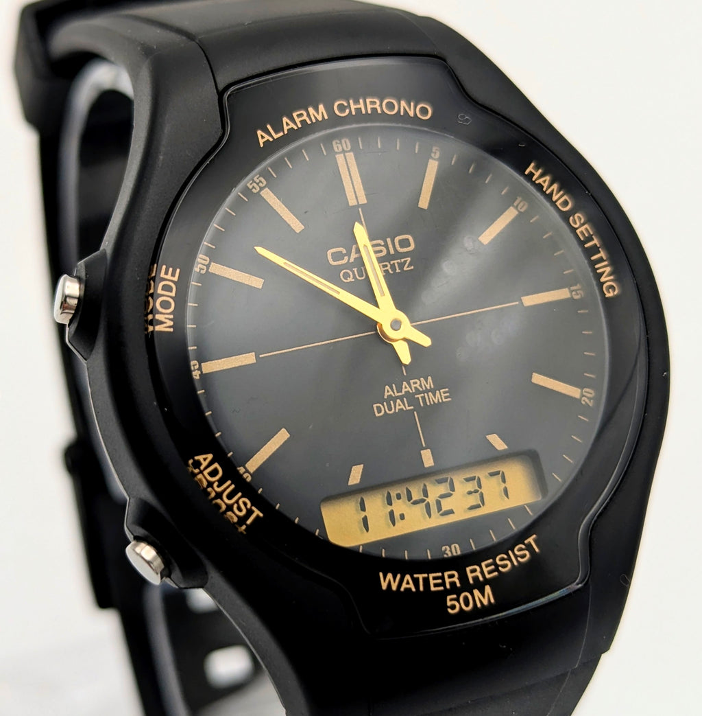 Casio AMW-90H Ana-Digi Watch — Black Resin, Gold Dial, Dual Time, Alarm, Sold Naked - Bezel & Hide