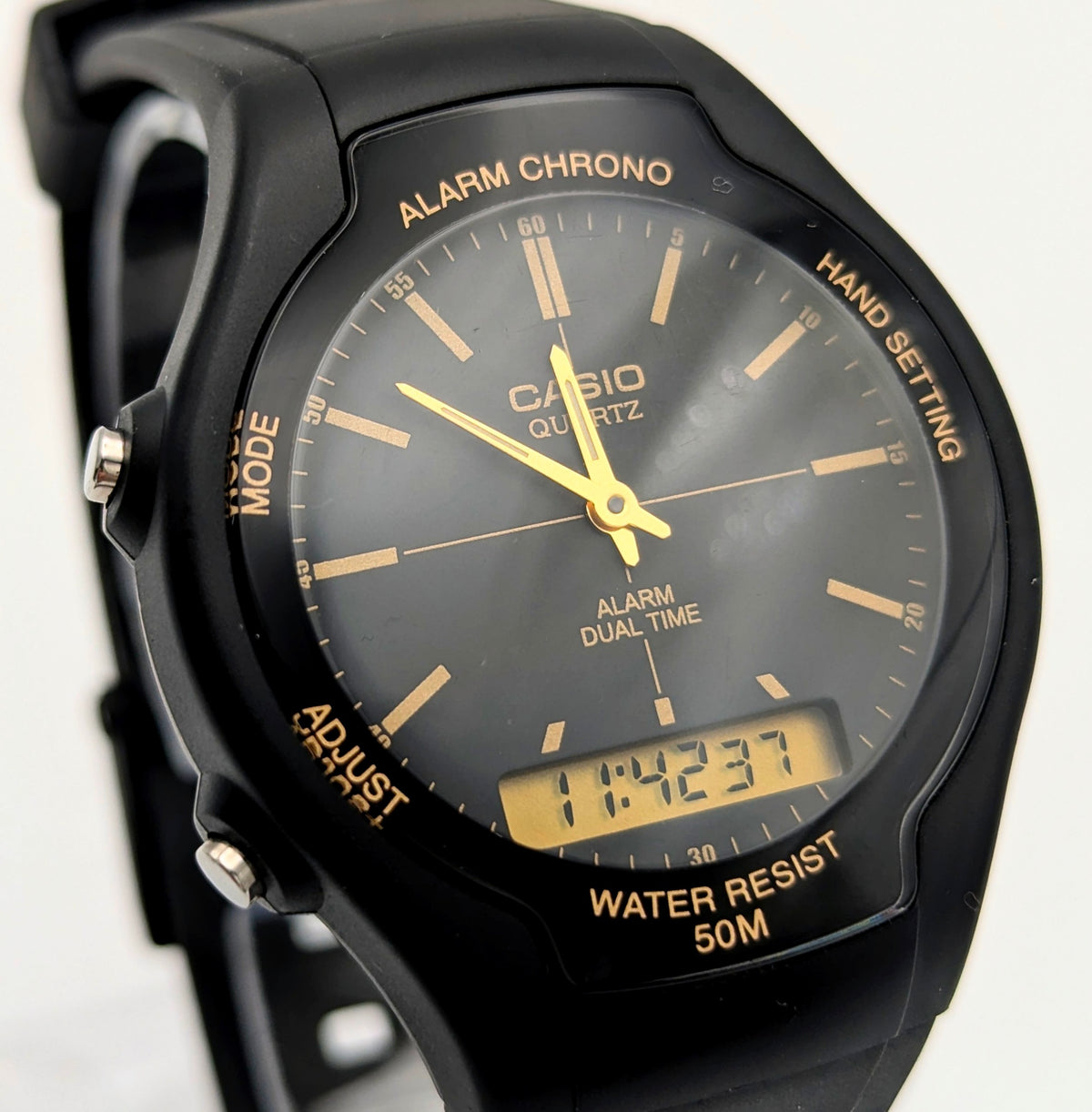 Casio AMW-90H Ana-Digi Watch — Black Resin, Gold Dial, Dual Time, Alarm, Sold Naked - Bezel & Hide
