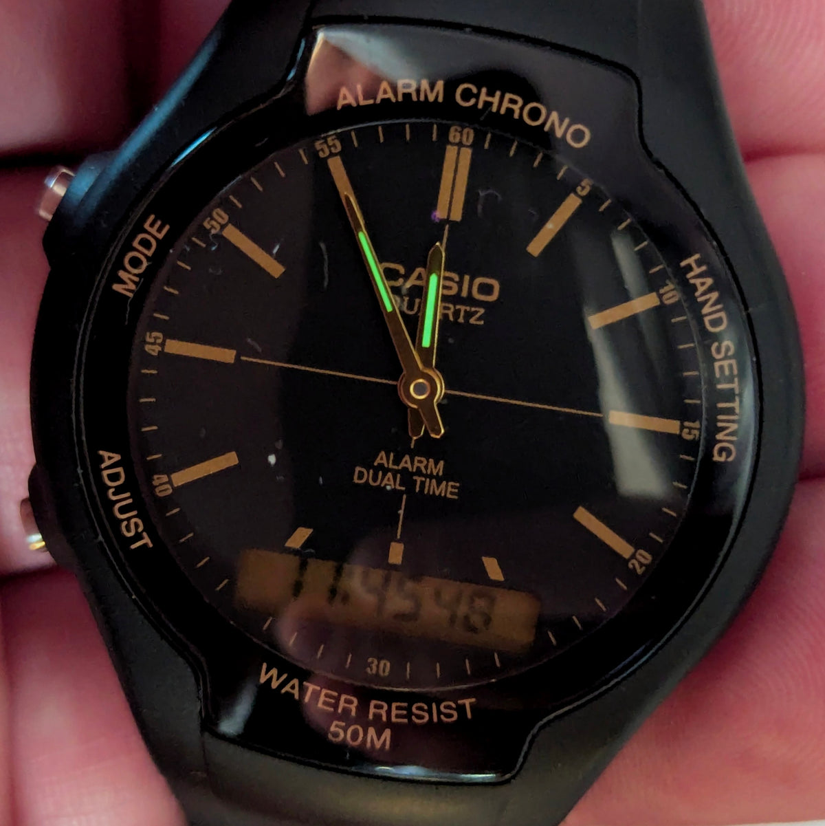 Casio AMW-90H Ana-Digi Watch — Black Resin, Gold Dial, Dual Time, Alarm, Sold Naked - Bezel & Hide