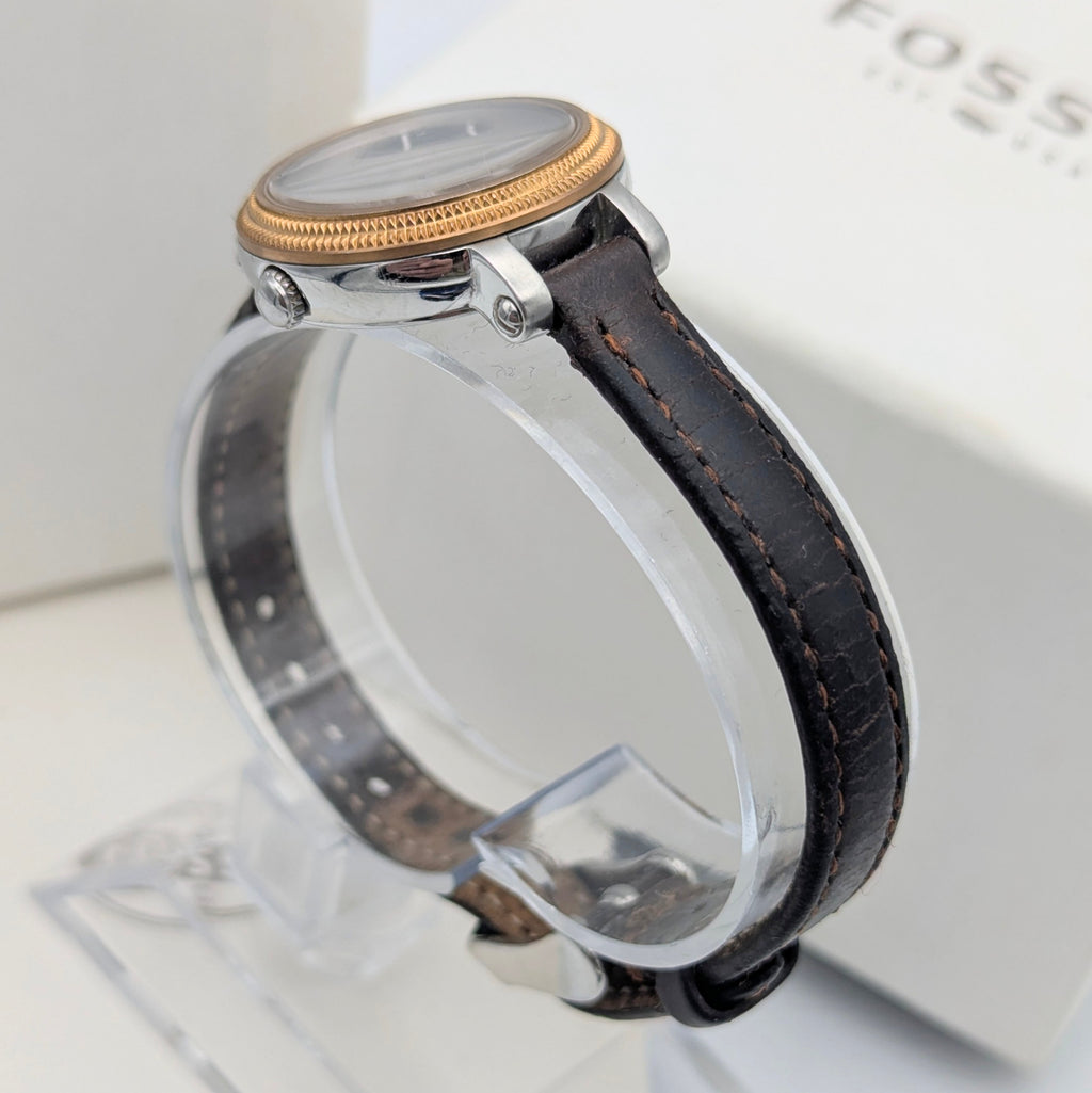 Fossil ES3138 Virginia Ladies' Watch — Rose Gold-Tone Bezel, Grey Dial, Brown Leather Strap - Bezel & Hide