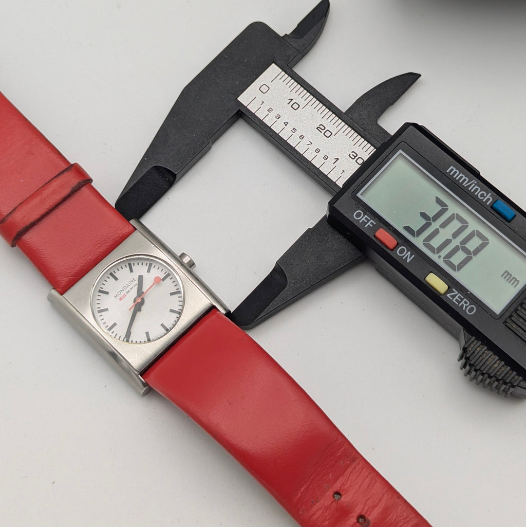 Mondaine Official Swiss Railways Watch L 30 388 OT 7S — Cushion Square, White Dial, Red Leather Strap - Bezel & Hide