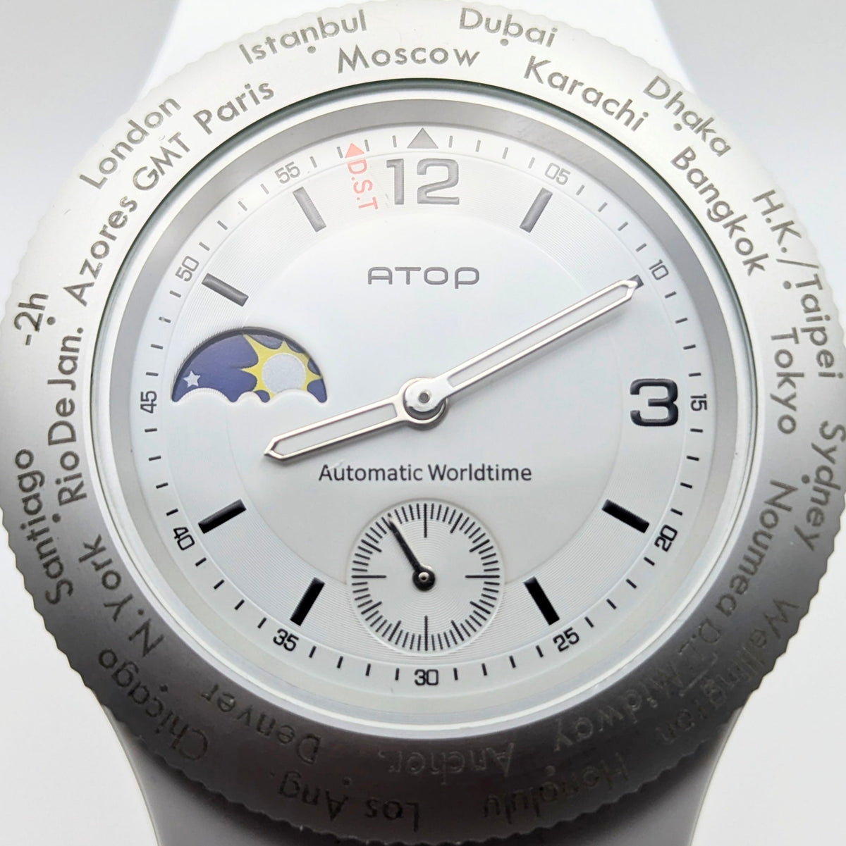 ATOP Automatic Worldtime Quartz Watch — White, Moon Phase, DST Indicator - Bezel & Hide