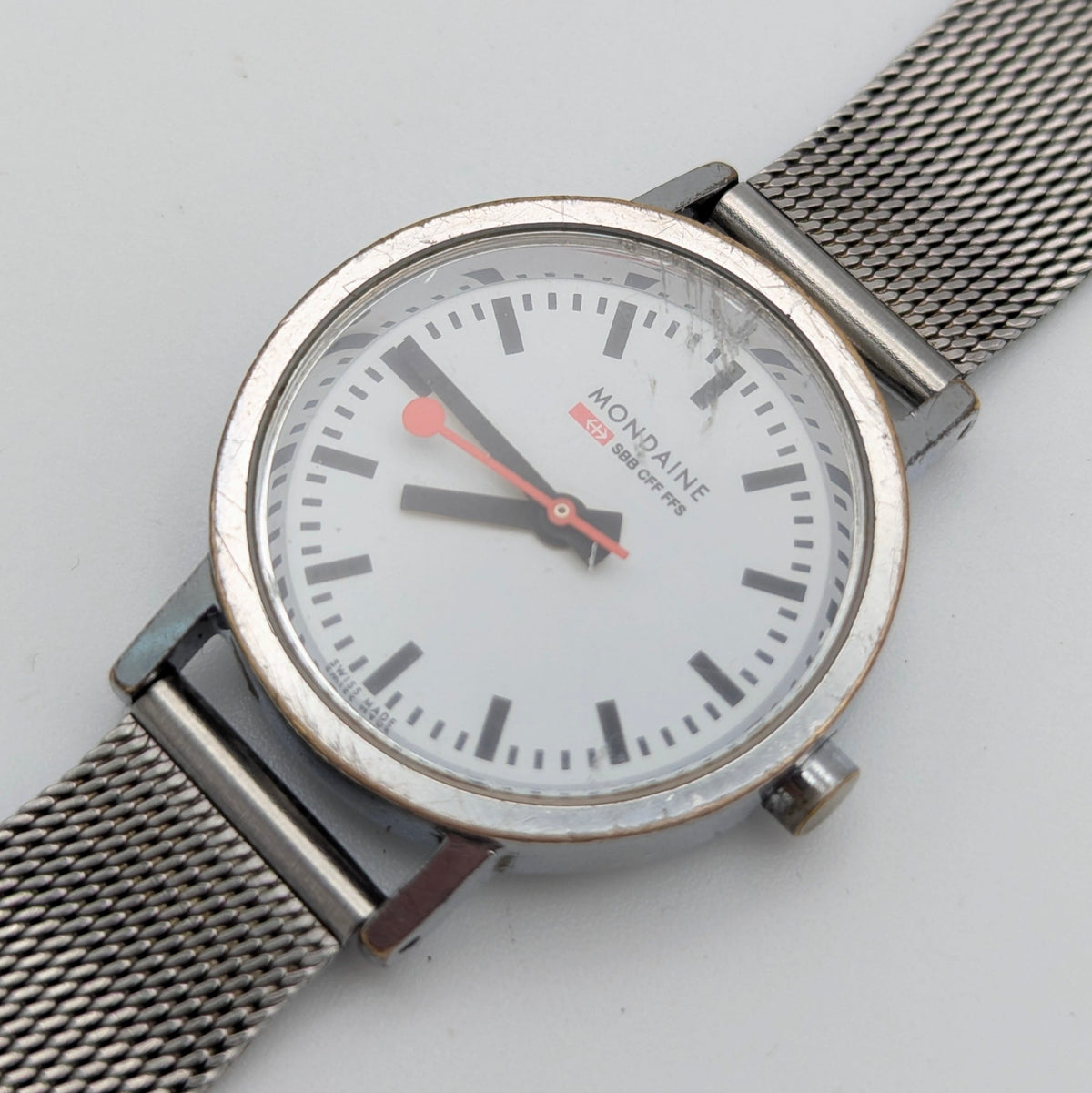 Mondaine SBB Ladies' Swiss Railway Watch — White Dial, Steel Mesh Bracelet, Sold Naked - Bezel & Hide