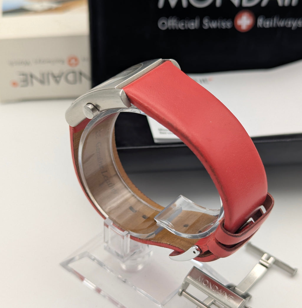 Mondaine Official Swiss Railways Watch L 30 388 OT 7S — Cushion Square, White Dial, Red Leather Strap - Bezel & Hide