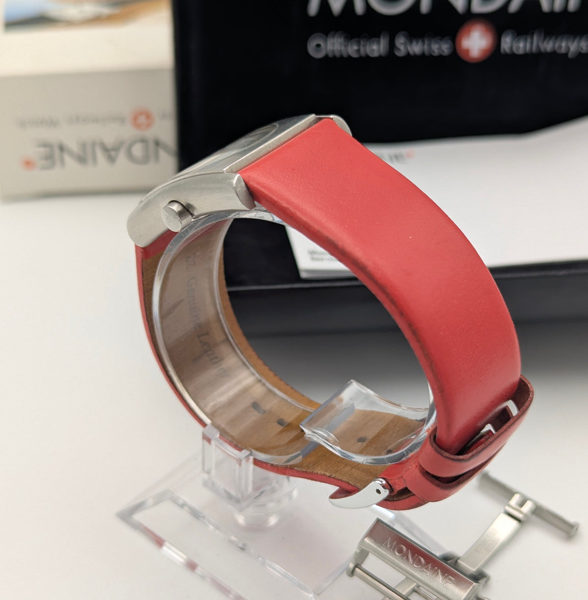 Mondaine Official Swiss Railways Watch L 30 388 OT 7S — Cushion Square, White Dial, Red Leather Strap - Bezel & Hide