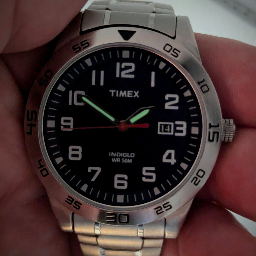 Timex Fieldstone Way Indiglo WR50M Sport Watch — Navy Dial, Expansion Bracelet, Date, Sold Naked - Bezel & Hide