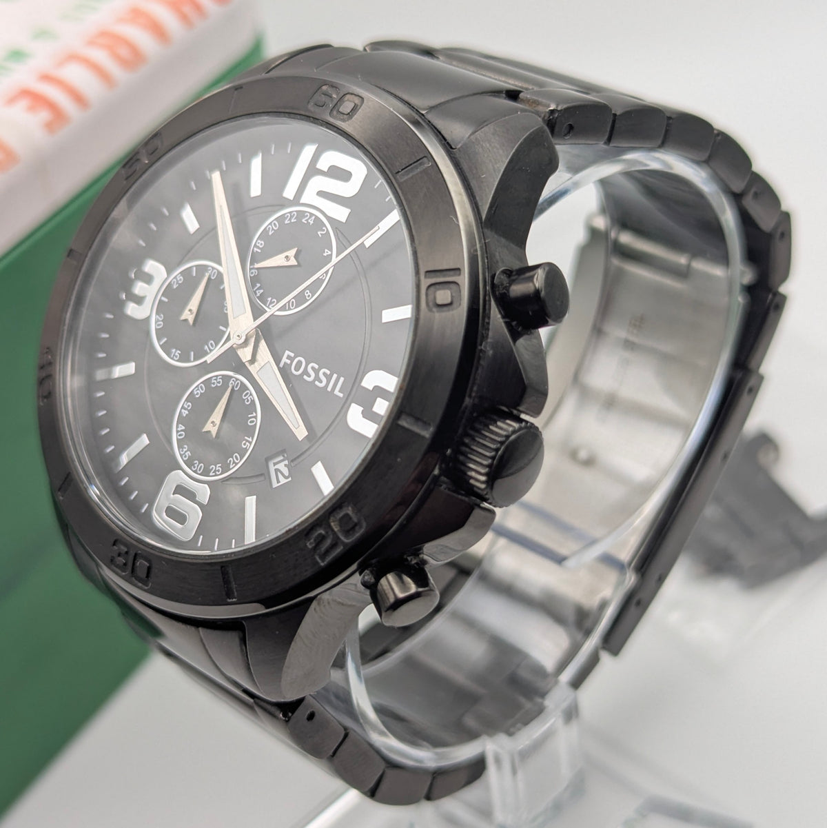Fossil BQ2184 Quartz Chronograph — Black Dial, Gunmetal-Tone Bracelet, Tin & Spare Links - Bezel & Hide
