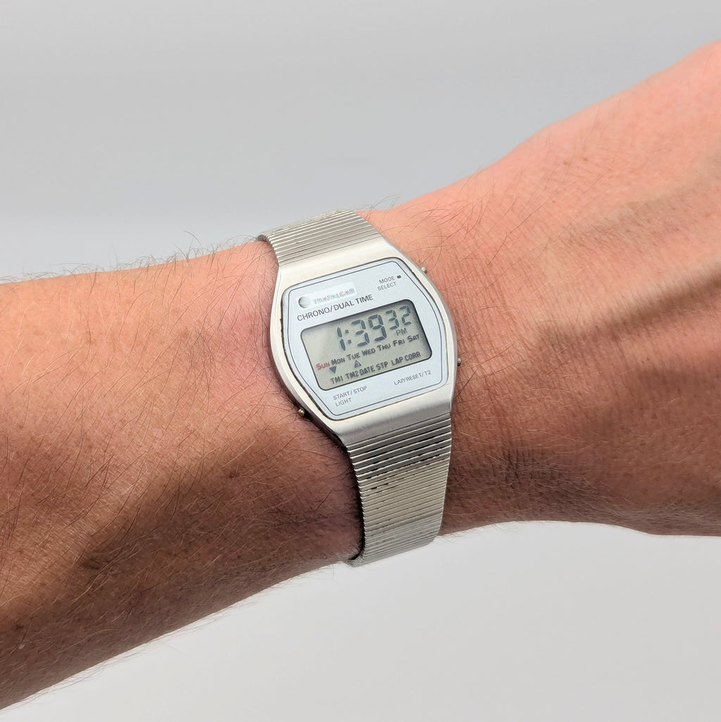 Trafalgar Chrono/Dual Time LCD Digital Watch — Vintage 1980s Silver-Tone on Integrated Bracelet, Sold Naked - Bezel & Hide