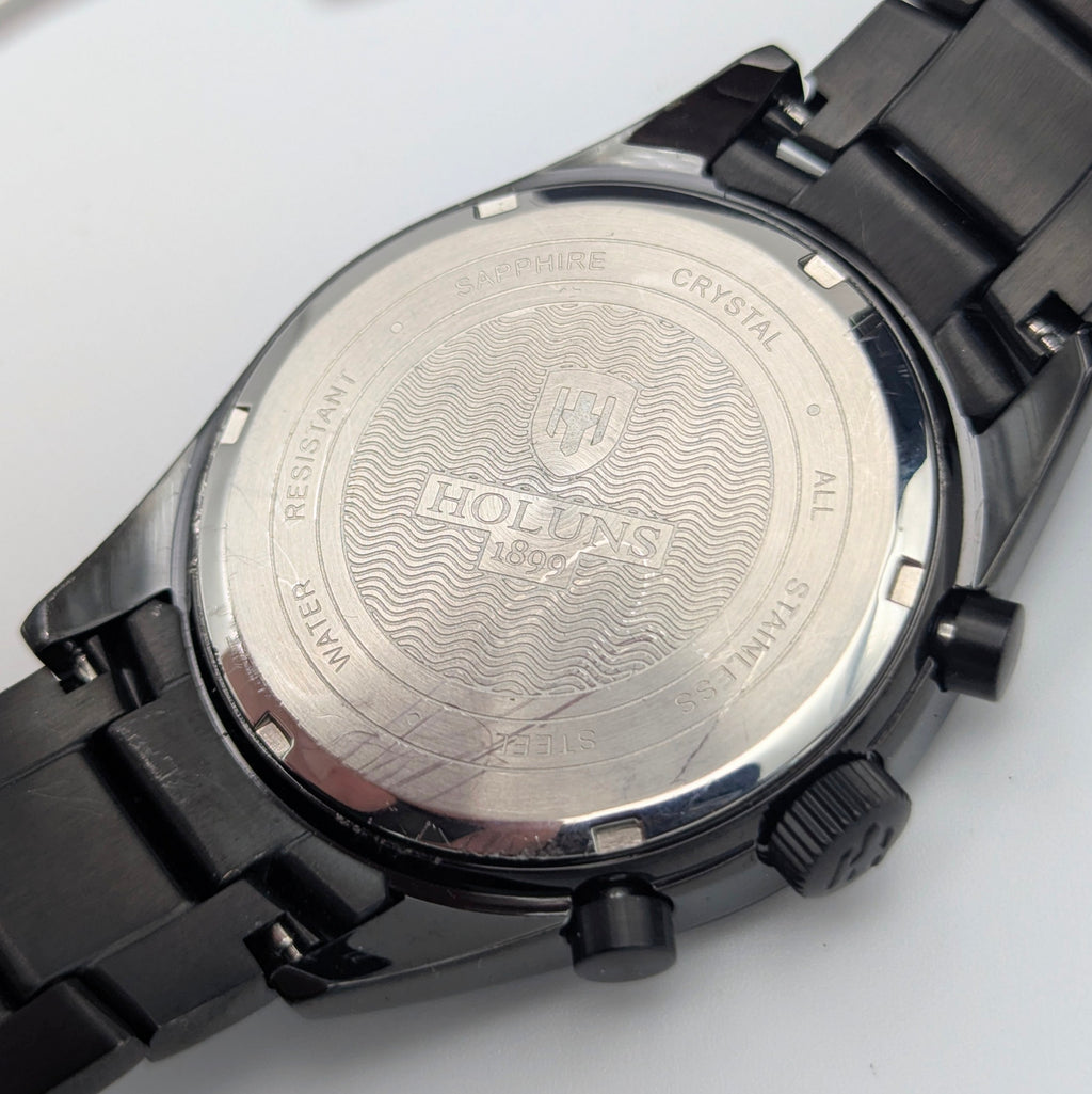 Holuns Men's Chronograph Watch — 51mm Black PVD, Grey Dial, Tachymeter, Boxed with Spare Links - Bezel & Hide