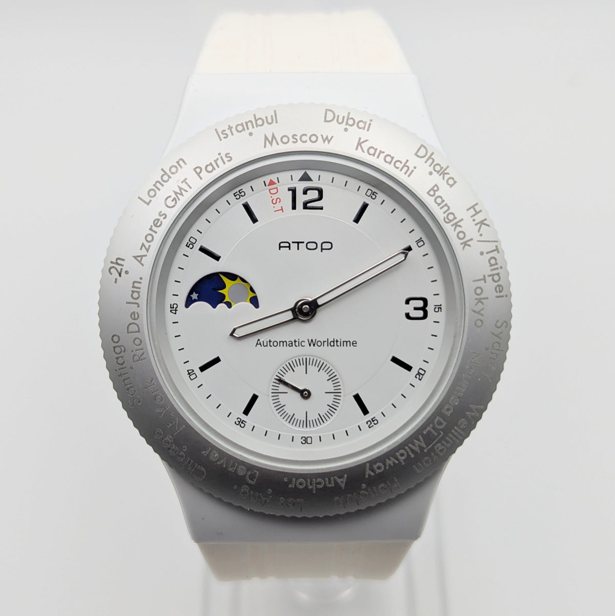 ATOP Automatic Worldtime Quartz Watch — White, Moon Phase, DST Indicator - Bezel & Hide