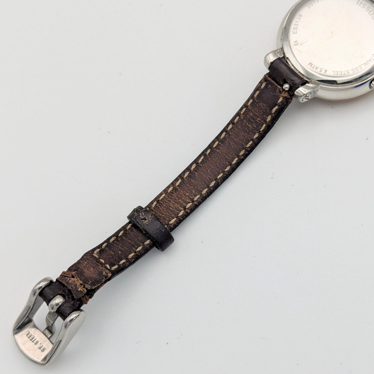 Fossil ES3138 Virginia Ladies' Watch — Rose Gold-Tone Bezel, Grey Dial, Brown Leather Strap - Bezel & Hide