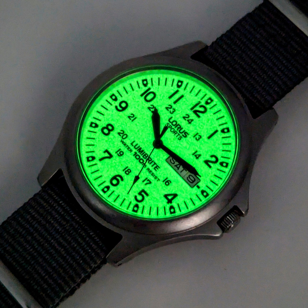 Lorus Sports Military Field Quartz Watch — Cream Lumibrite Dial, Day-Date, 100m WR, NATO Strap, Sold Naked - Bezel & Hide