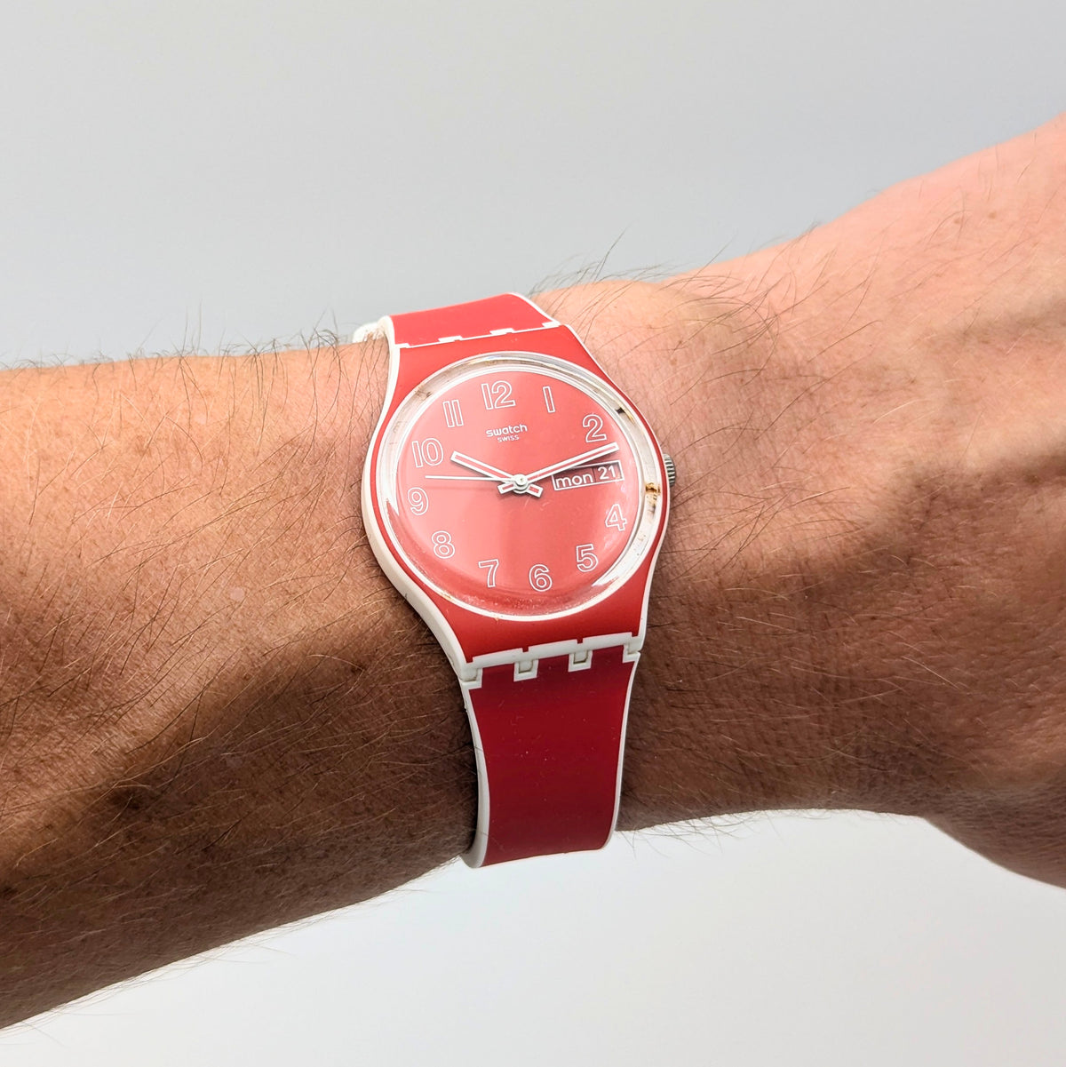 Swatch Originals Gent Poppy Red GE709 — Day-Date, Red Dial, Sold Naked - Bezel & Hide