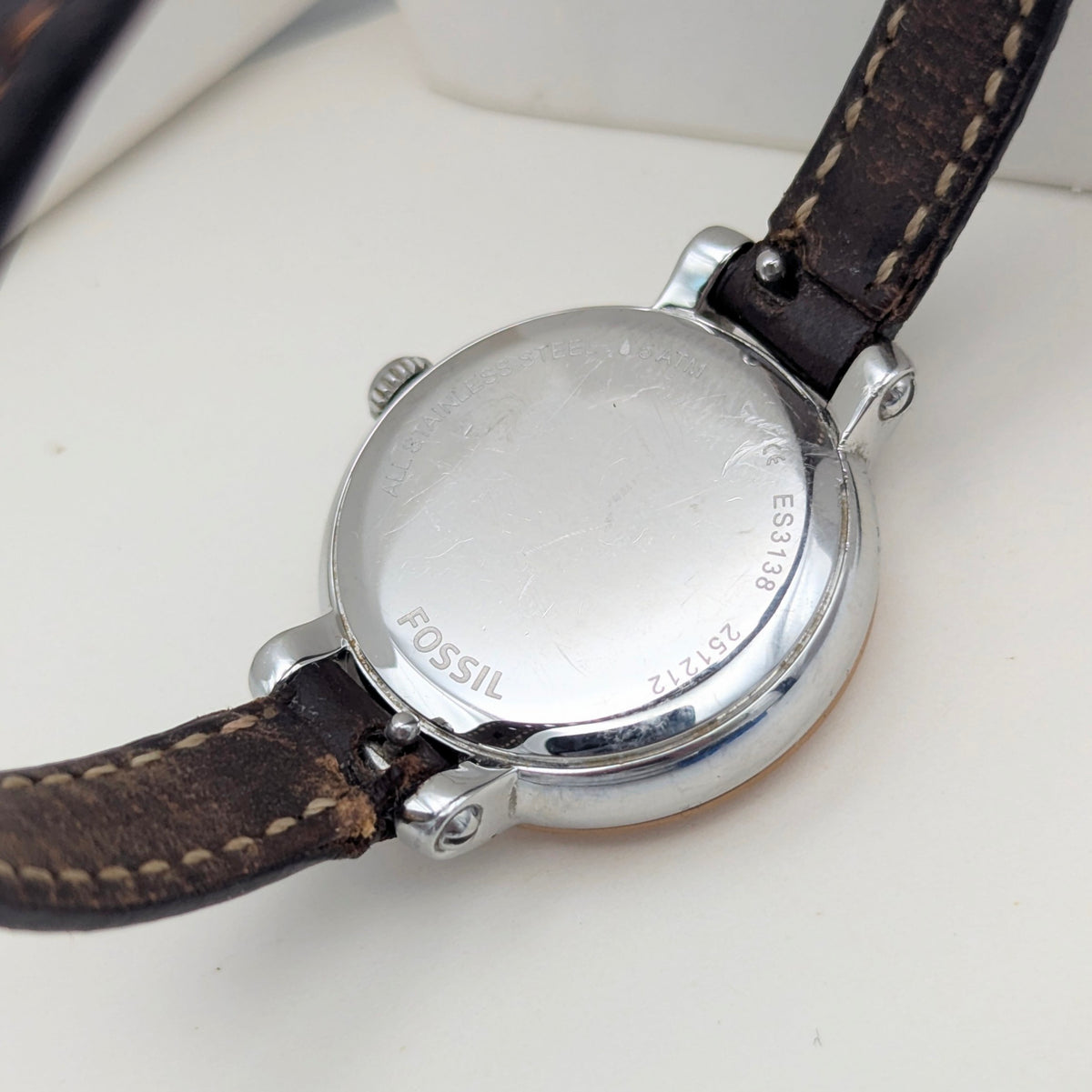 Fossil ES3138 Virginia Ladies' Watch — Rose Gold-Tone Bezel, Grey Dial, Brown Leather Strap - Bezel & Hide
