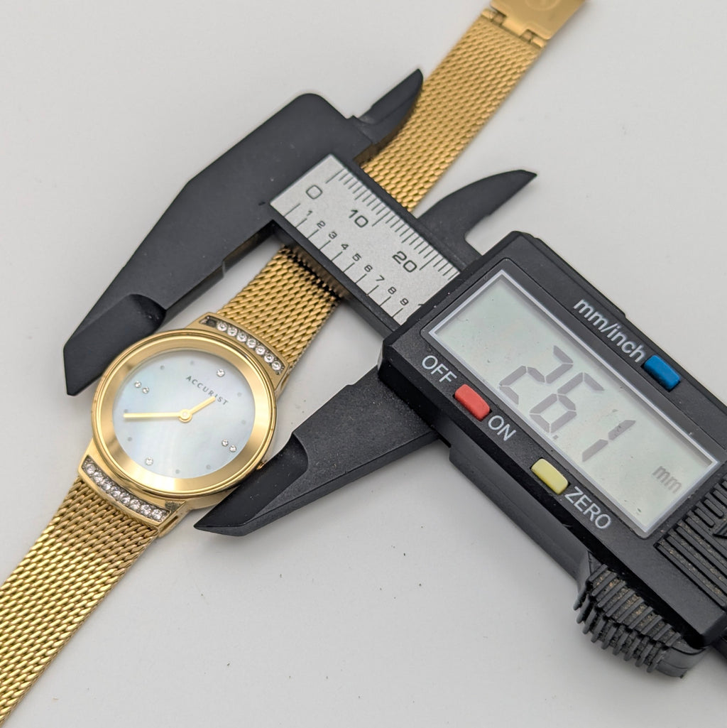 Accurist Ladies Gold-Tone Mesh Watch — Mother-of-Pearl Dial, Crystal-Set Lugs, Sold Naked - Bezel & Hide