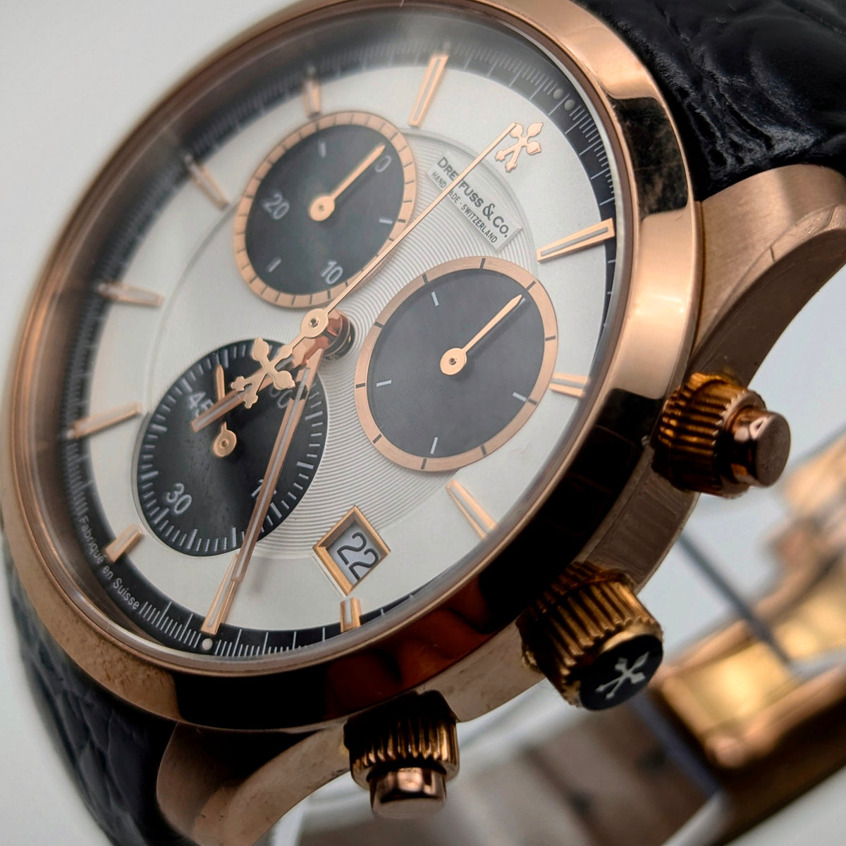 Dreyfuss & Co. Swiss Quartz Chronograph Men's Watch — Rose Gold, White Panda Dial - Bezel & Hide