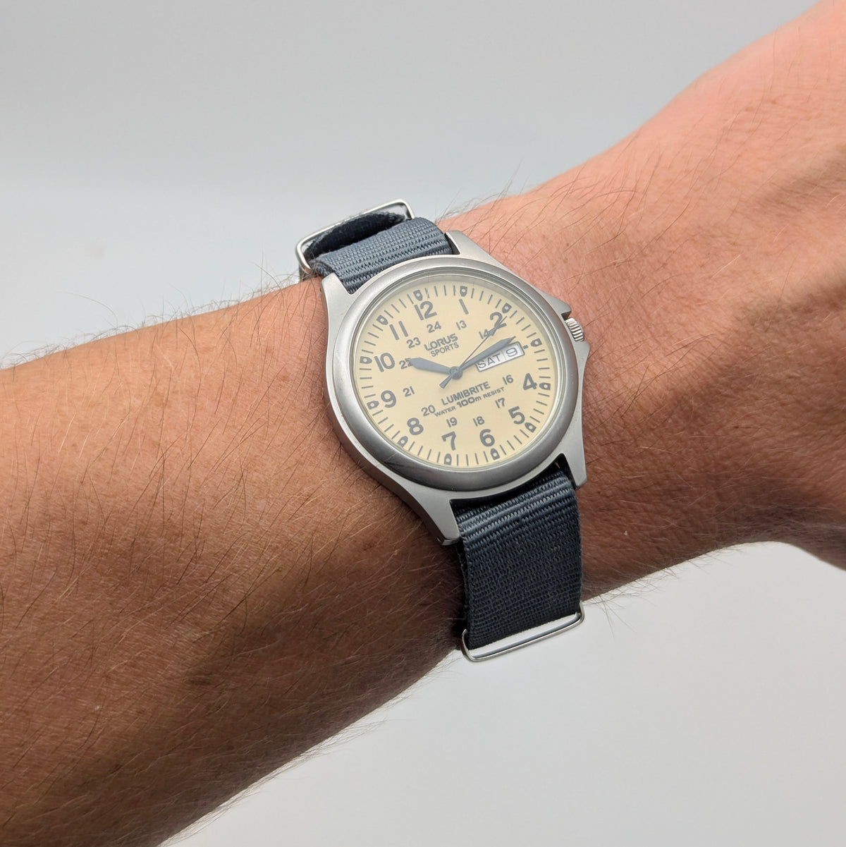 Lorus Sports Military Field Quartz Watch — Cream Lumibrite Dial, Day-Date, 100m WR, NATO Strap, Sold Naked - Bezel & Hide