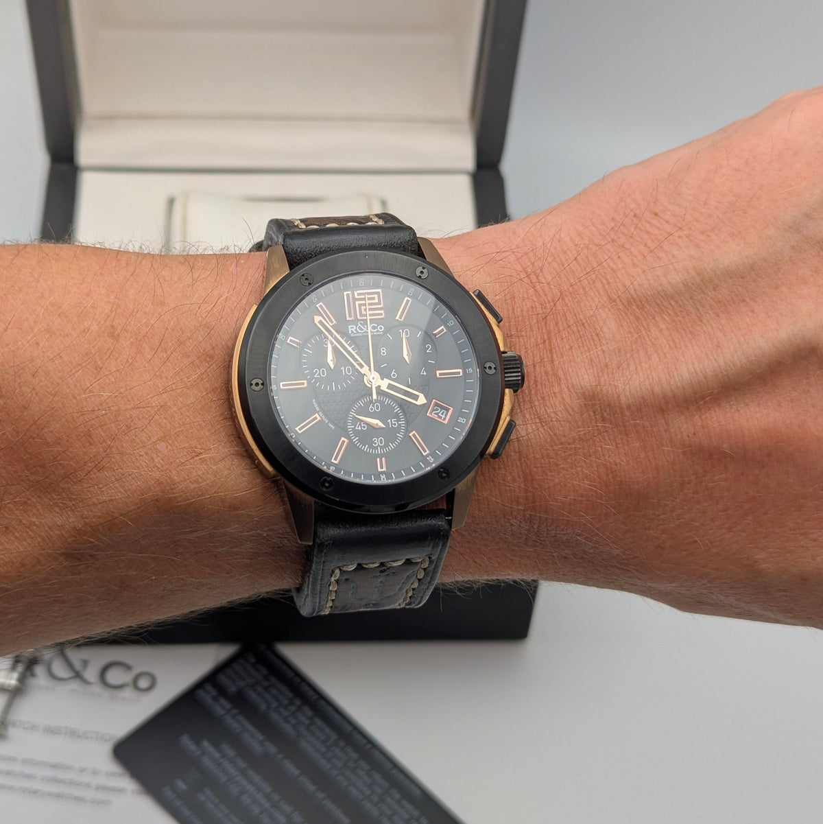 Rotary R&Co Suisse Chronograph — Bold Two-Tone Sports Chrono with Vintage Strap - Bezel & Hide