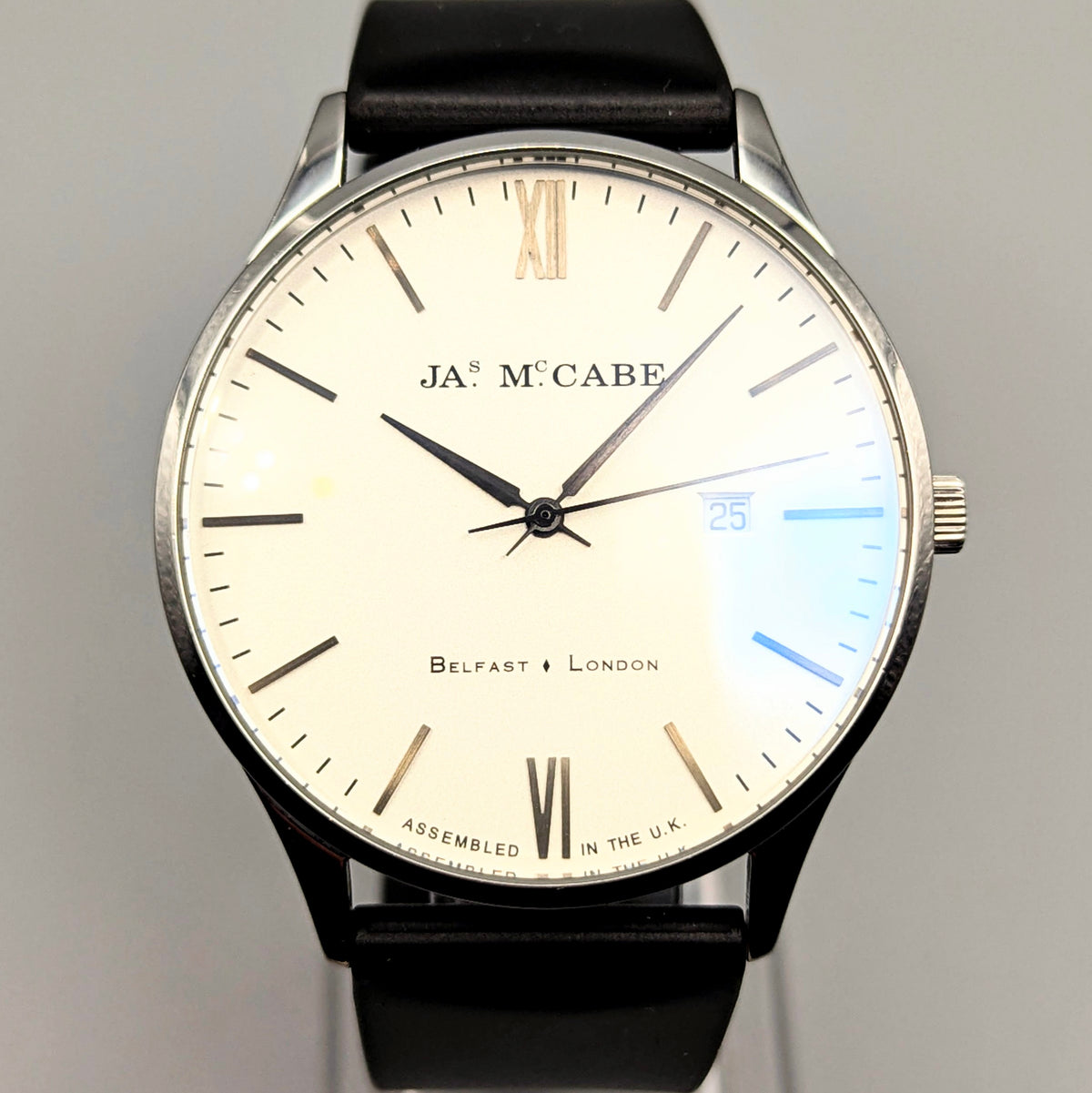 James McCabe London Slim JM-1016 Men's Watch — Silver, White Dial, Hirsch Rubber Strap - Bezel & Hide