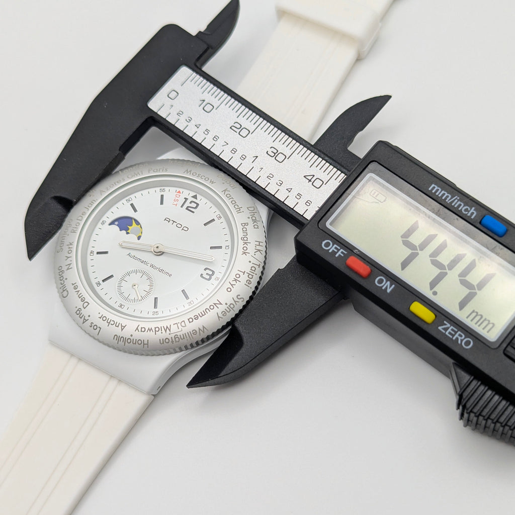 ATOP Automatic Worldtime Quartz Watch — White, Moon Phase, DST Indicator - Bezel & Hide