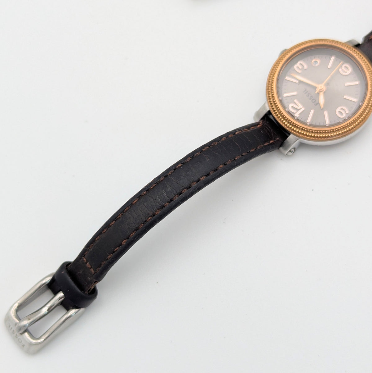 Fossil ES3138 Virginia Ladies' Watch — Rose Gold-Tone Bezel, Grey Dial, Brown Leather Strap - Bezel & Hide