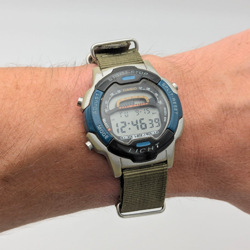 Casio Illuminator W-86 Sports Watch — Olive G10 Strap, 100m WR, Sold Naked - Bezel & Hide