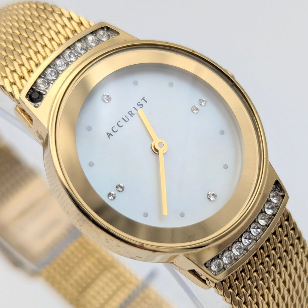 Accurist Ladies Gold-Tone Mesh Watch — Mother-of-Pearl Dial, Crystal-Set Lugs, Sold Naked - Bezel & Hide