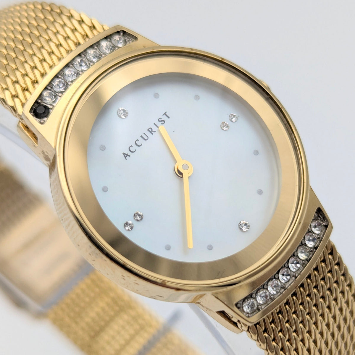 Accurist Ladies Gold-Tone Mesh Watch — Mother-of-Pearl Dial, Crystal-Set Lugs, Sold Naked - Bezel & Hide