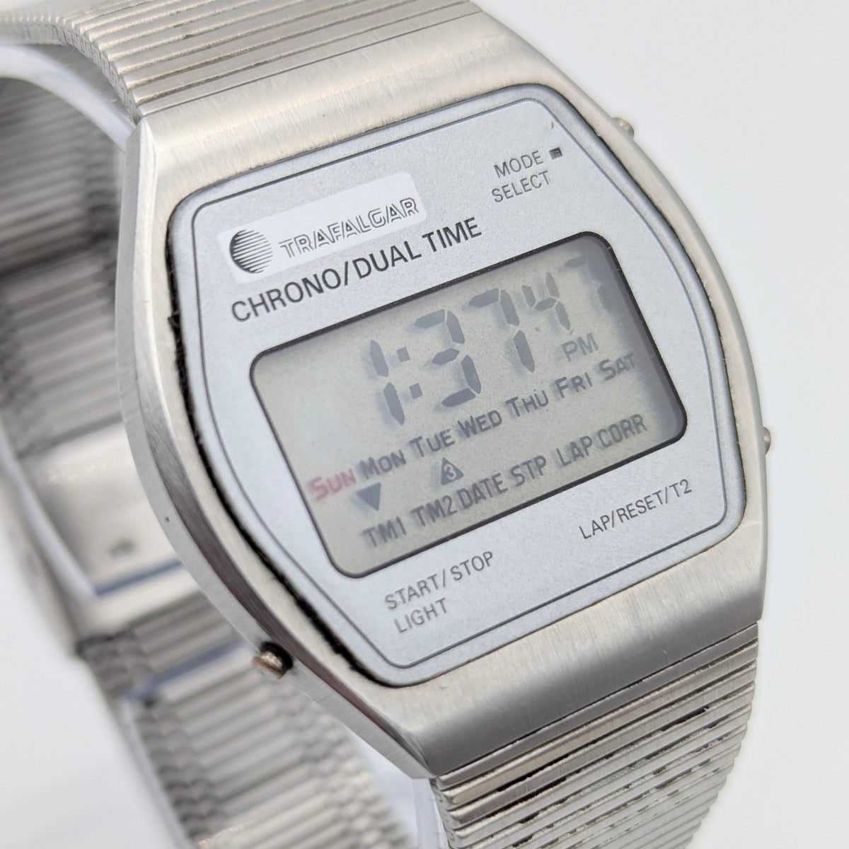 Trafalgar Chrono/Dual Time LCD Digital Watch — Vintage 1980s Silver-Tone on Integrated Bracelet, Sold Naked - Bezel & Hide