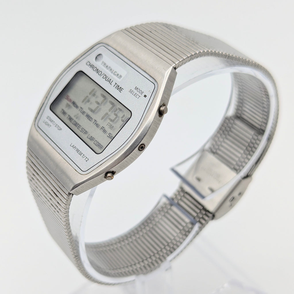 Trafalgar Chrono/Dual Time LCD Digital Watch — Vintage 1980s Silver-Tone on Integrated Bracelet, Sold Naked - Bezel & Hide