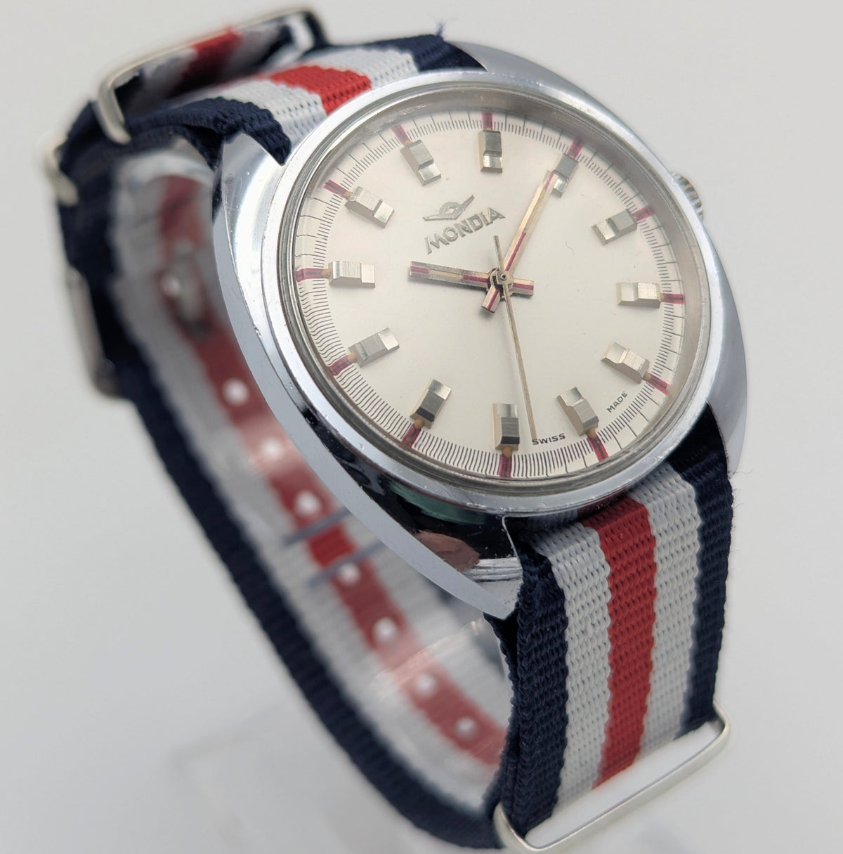 Mondia Manual Wind Watch Mens — Vintage Swiss Cushion Case, Silver Sunburst Dial, Sold Naked - Bezel & Hide