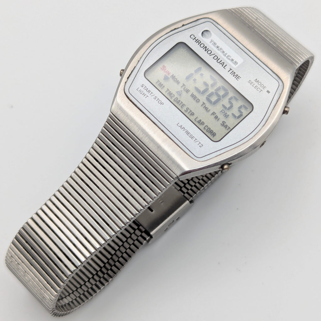 Trafalgar Chrono/Dual Time LCD Digital Watch — Vintage 1980s Silver-Tone on Integrated Bracelet, Sold Naked - Bezel & Hide