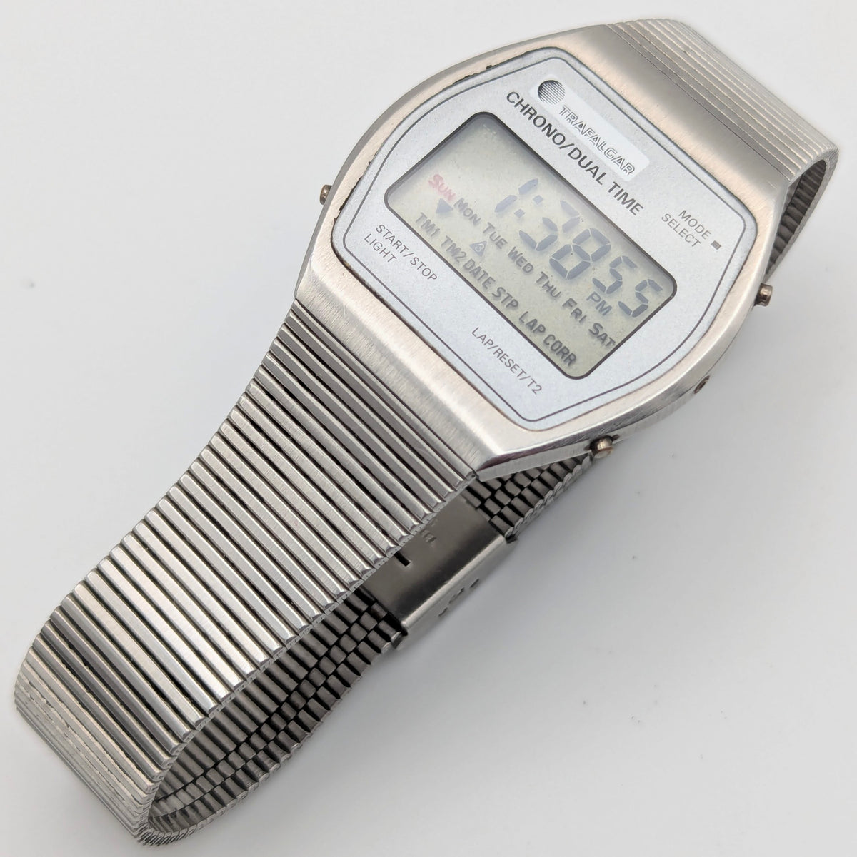 Trafalgar Chrono/Dual Time LCD Digital Watch — Vintage 1980s Silver-Tone on Integrated Bracelet, Sold Naked - Bezel & Hide