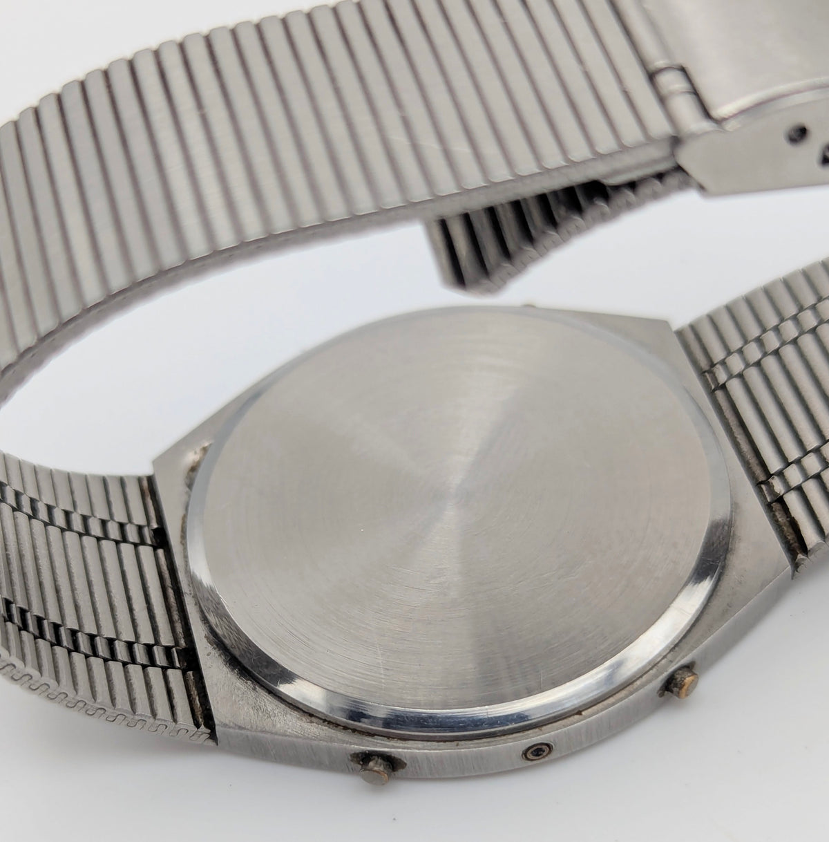 Trafalgar Chrono/Dual Time LCD Digital Watch — Vintage 1980s Silver-Tone on Integrated Bracelet, Sold Naked - Bezel & Hide